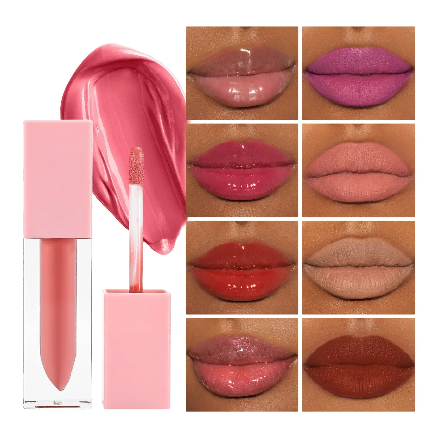 Brillo de labios rosa Personaliza tu logotipo Sombras mate brillantes Lápiz labial líquido sin crueldad vegano Brillo de labios Venta al por mayor a granel para empresas