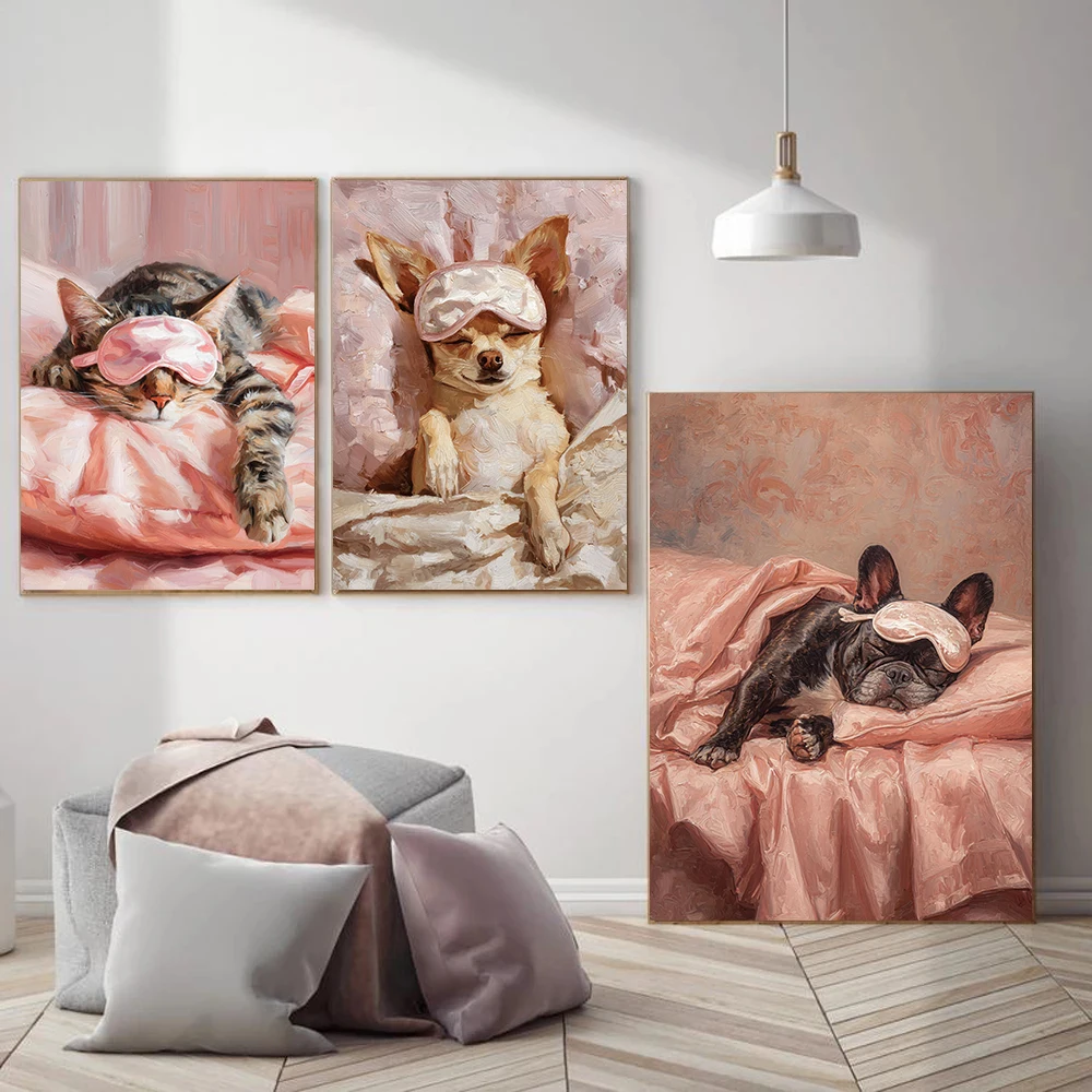 Cute Sleeping Dog Wearing Eye Mask Posters German Shepherd Sleep Mask Tabby Cat Prints Canvas Wall Art Pictures Home Room Decor