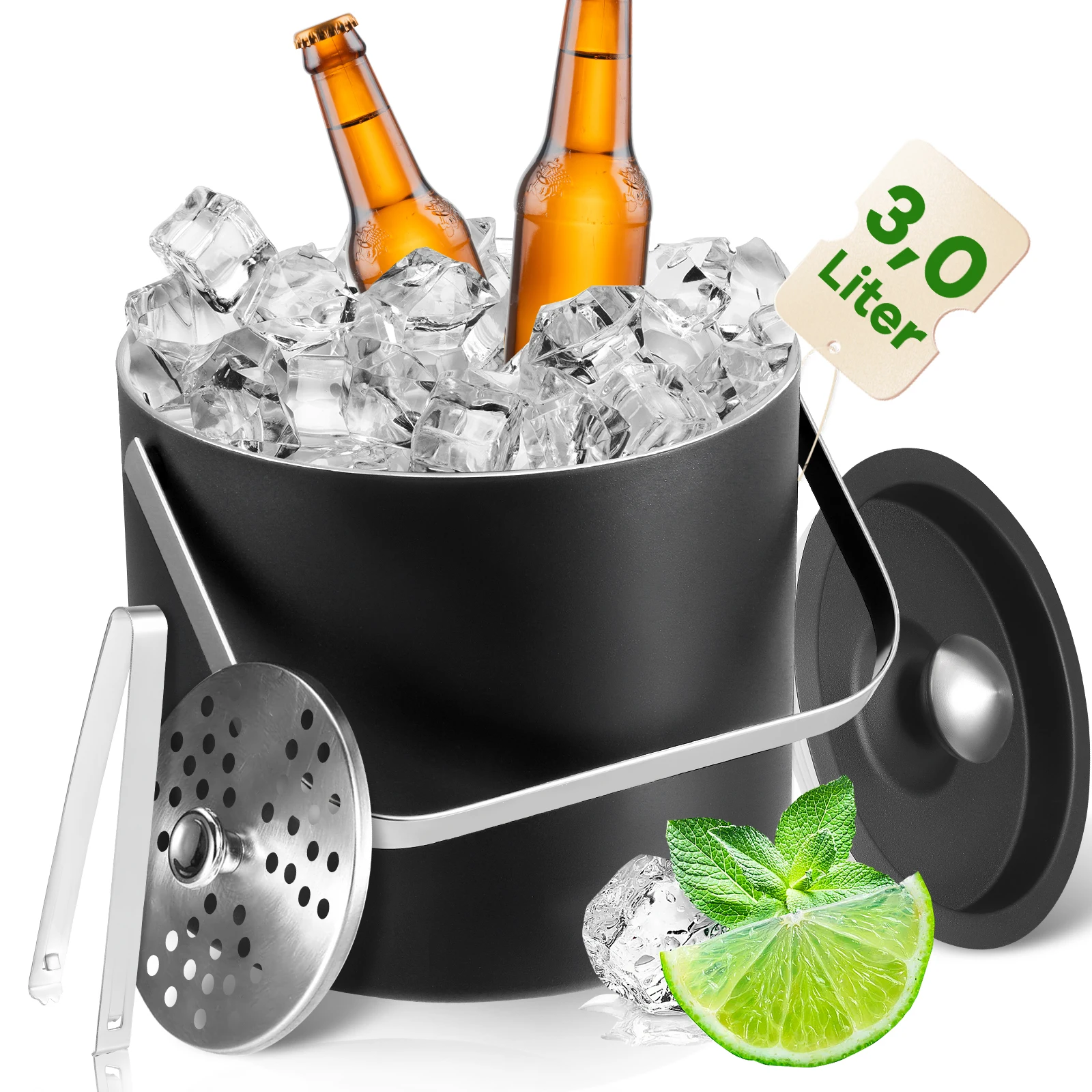 

3.2L Modern Insulated Ice Bucket with Silicone Lid, Scoop, Strainer, Double Walled Stainless Steel Ice Bucket for Parties