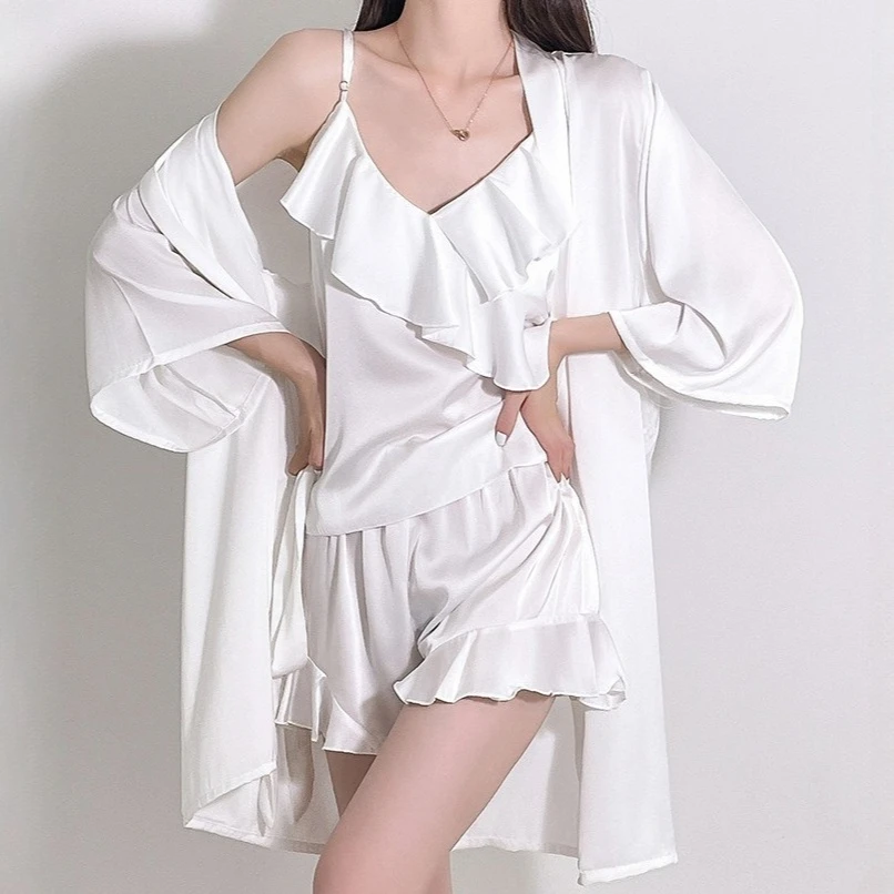 

Комплект из 3 предметов: пижама с V-образным вырезом, женское ночное белье, халат, пижамный костюм, летняя женская шелковистая атласная домашняя одежда