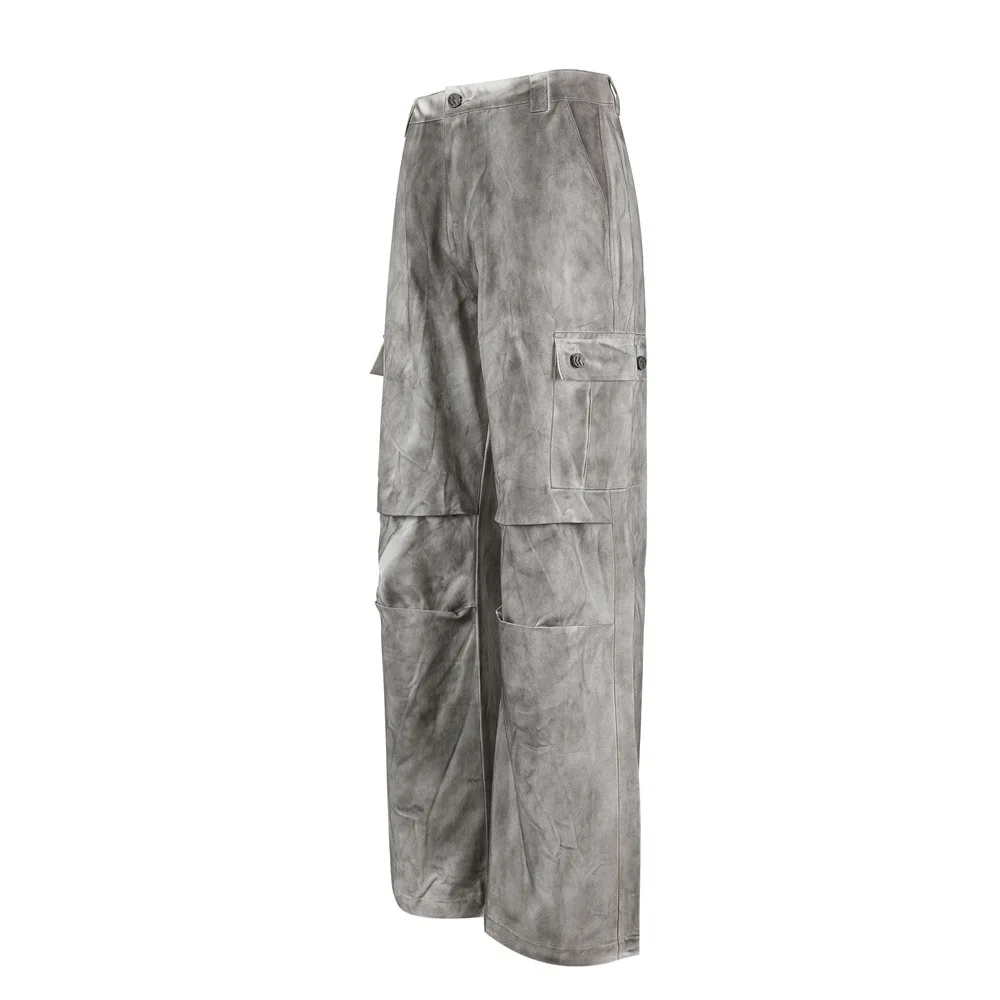 MWJLPWQ Wasteland Tie-Dye Distressed Workwear Pants Men Street Trendy Niche Loose Casual Straight Pleated Design Trousers 17568