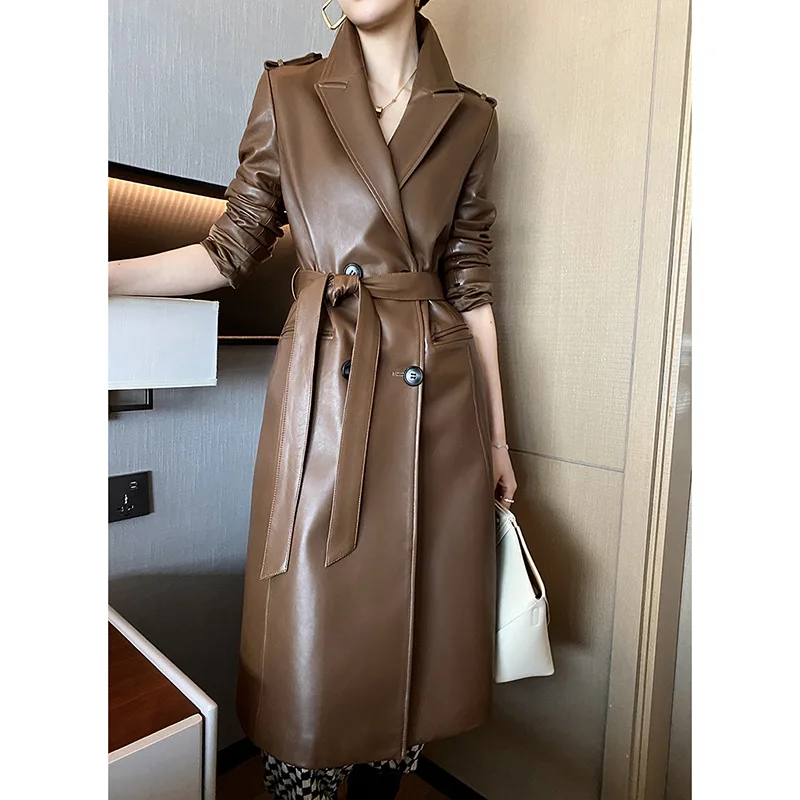 Cappotto in pelle di pecora naturale da donna autunno inverno risvolto cintura doppiopetto Slim Coffe/giacca a vento in vera pelle bianca latte