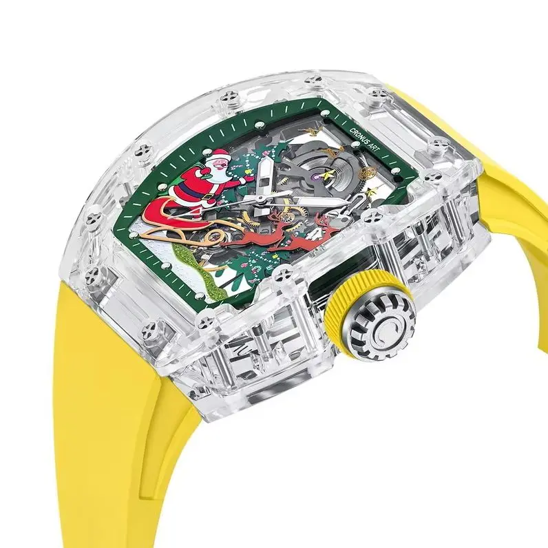 CRONUSART Men Automatic Watch Tonneau Mechanical Wristwatch Acrylic Case Luminous Sapphire FKM Strap Christmas Dial