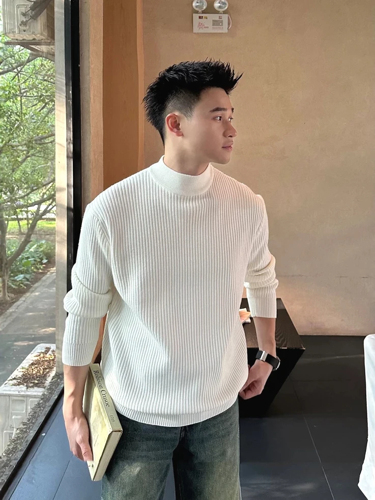 

Мужской приталенный свитер с длинным рукавом, высоким воротником, плиссированный, из смесовой шерсти, из пряжи с сердцевиной из хлопка, повседневный, в корейском стиле