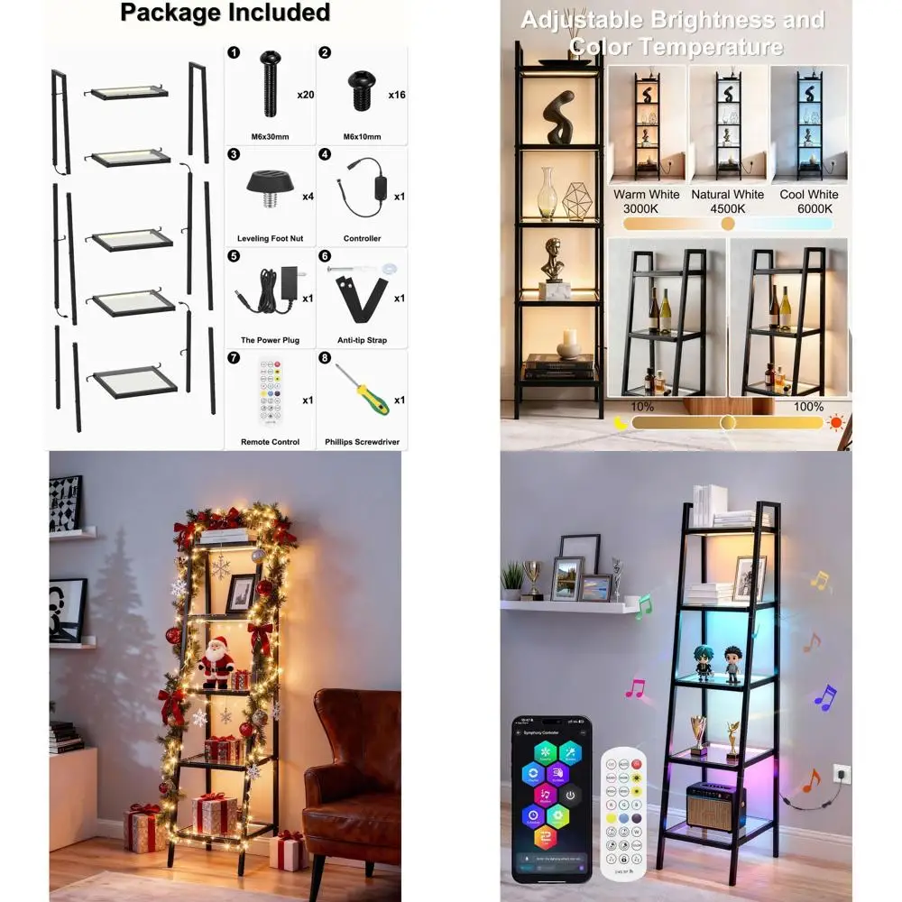 

67-дюймовая стеклянная полка для дисплея с RGB-подсветкой, 5-уровневая полка-лестница, торшер, светодиод с регулируемой яркостью, приложение/дистанционное управление, синхронизация музыки, развлечение таймера