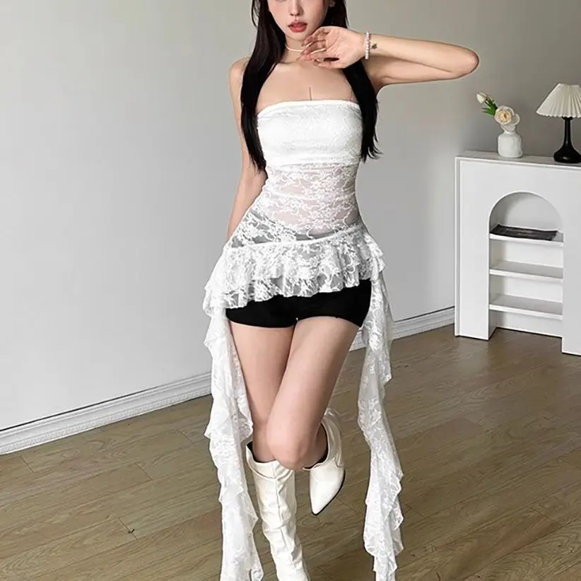 الحلو مثير غير النظامية غير المتماثلة سليم تانك القمم Y2k Harajuku الدانتيل تي شيرت المرأة أسود أبيض القمم كشكش لطيف مشد الأعلى العصرية جديد #2