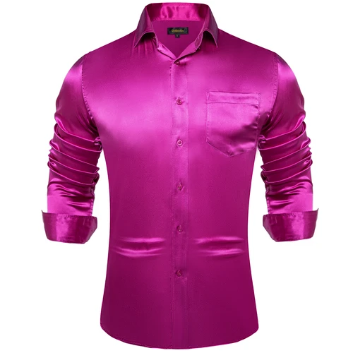 Imagen 2 del producto Camisa de satén liso para hombre, camisas de manga larga moradas, azules, negras, rojas y verdes con cuello abotonado, camisas de vestir sociales para boda y graduación