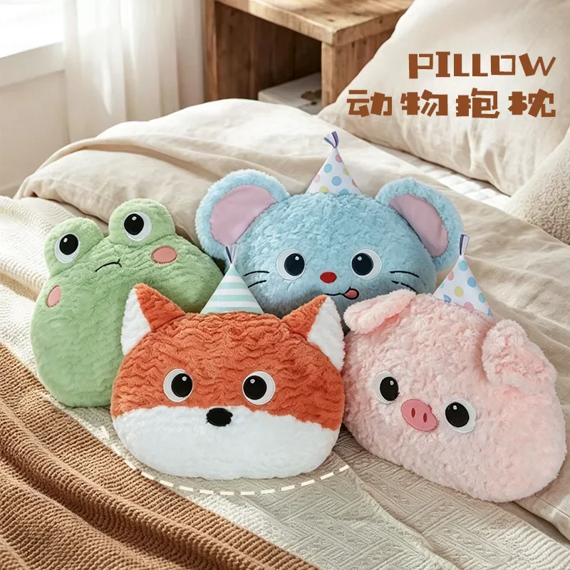 Fluffy Cute Cartoon Animal Plush Pillow Multiple Styles Stuffed Cushion With Party Hat Sofa Decoration Soft for Gifts.