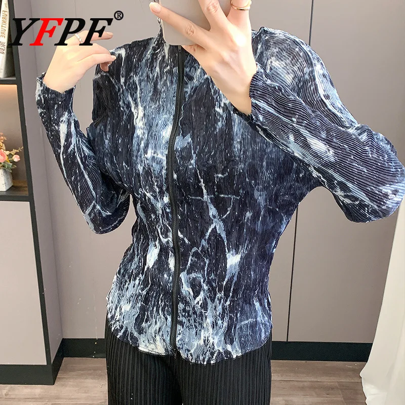 

YFPF Miyake Pleated Design Shirt For Women Fashion Printing Long Sleeve Button Blouse Tops Streetwear 2025 Autumn New Clothing