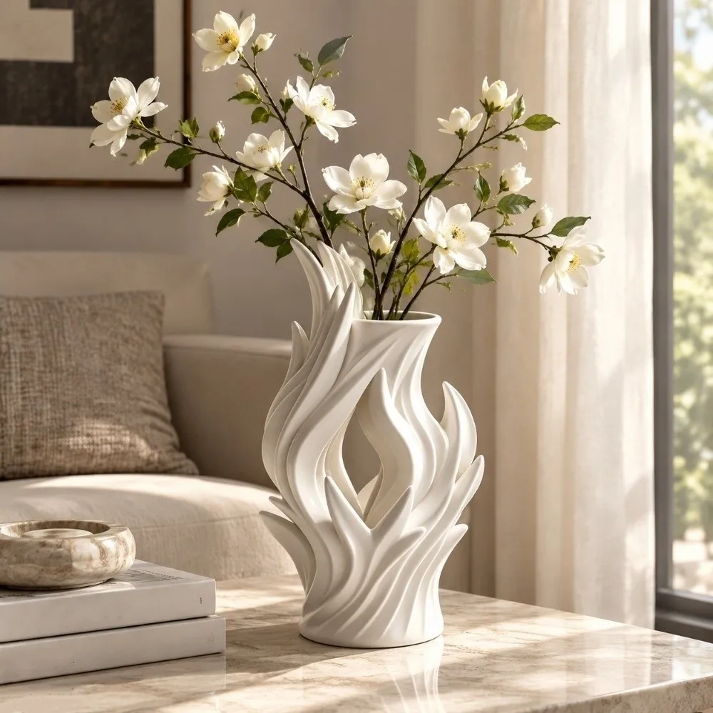 Flower Arrangement 3D Printed Irregular Vase Hollow Out Twisted Wave Artistic Flame Vase Minimalist Flower Container Entrance