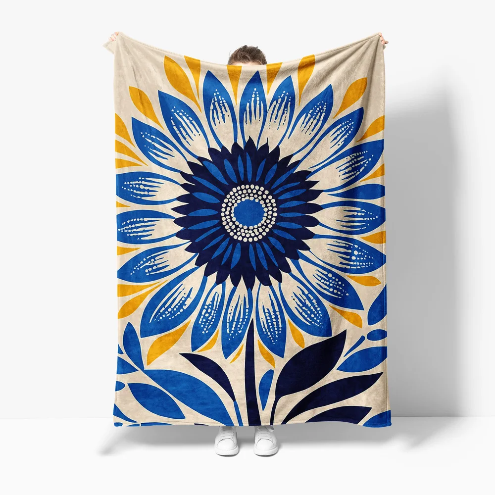 Blue geometric floral pattern Flannel printed blanket suitable for all seasons suitable for living room office sofa and travel