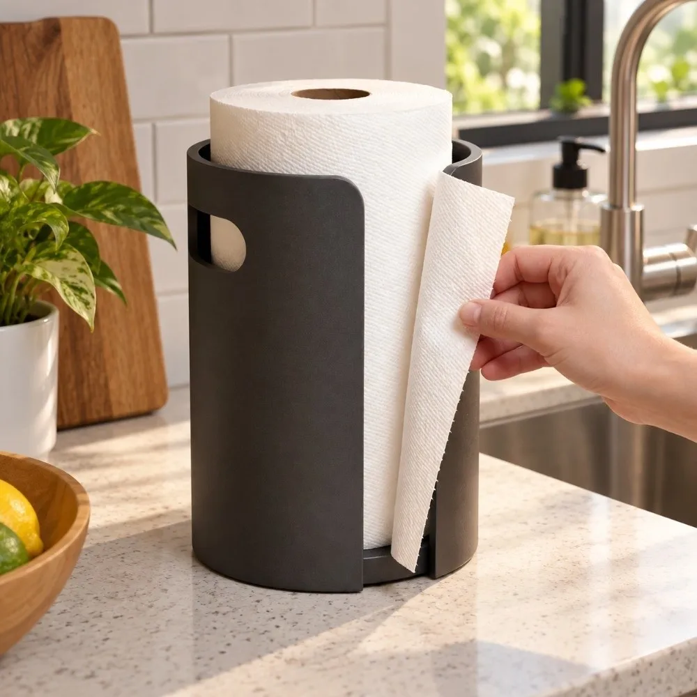 Cylindrical Shape Wooden Paper Towel Holder Waterproof Freestanding Paper Towel Stand Anti‑Splash Vertical Paper Towel Rack