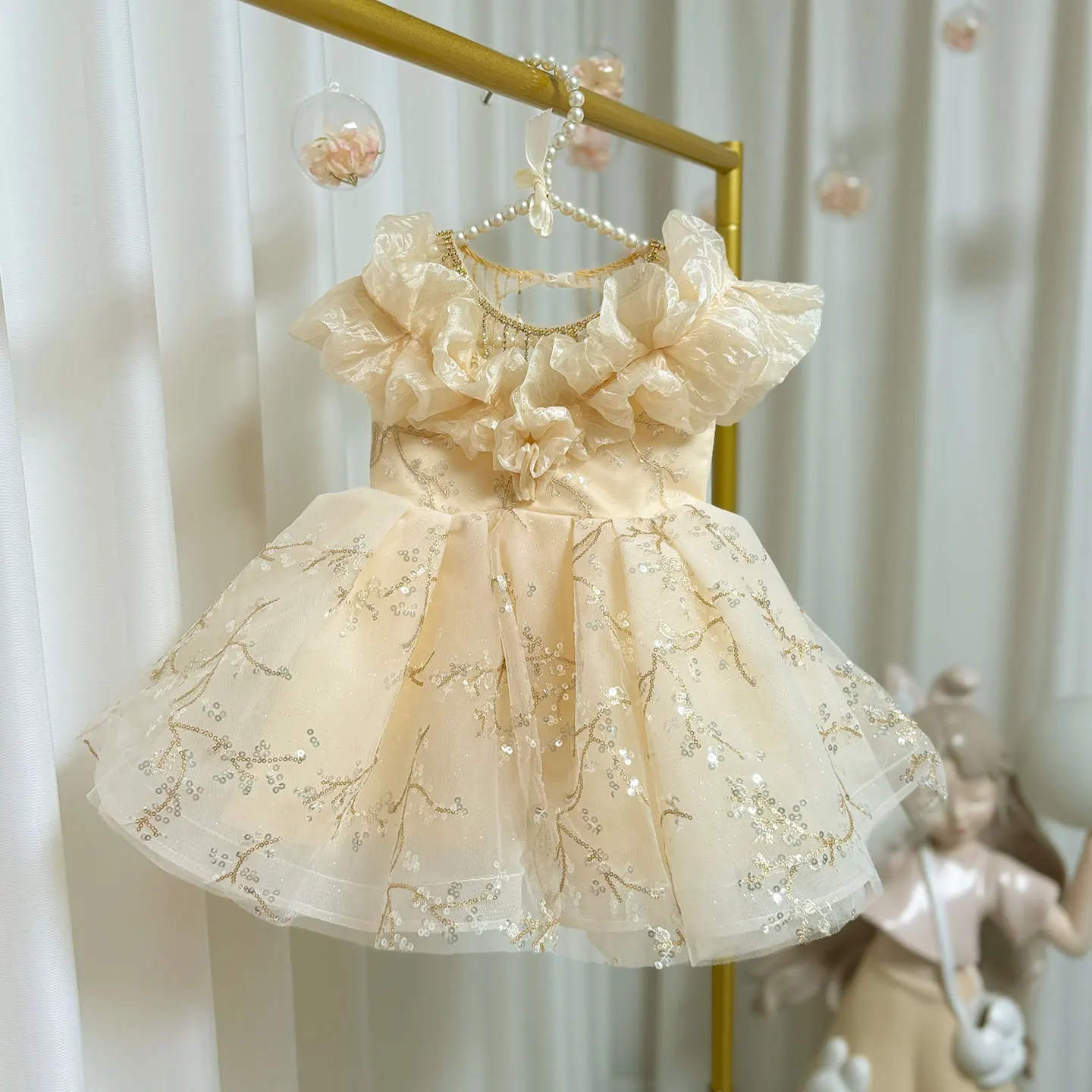 Jill Wish Luxury Arabic Beige Girl Dress Beading Dubai Baby Kids Princess Birthday Wedding Party Children Clothes 2024 J202