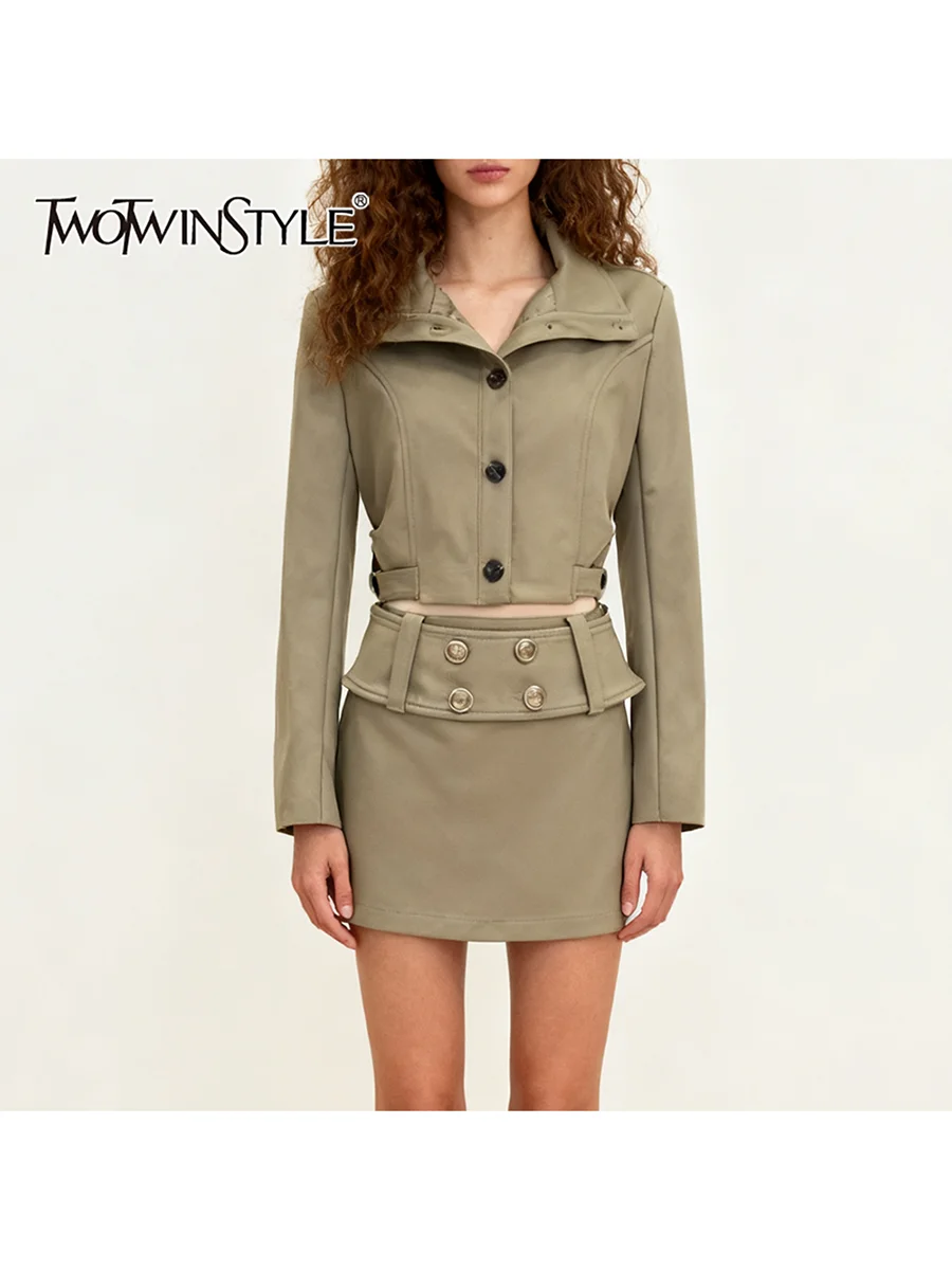 

TWOTWINSTYL Solid Spliced Buttons Two Piece Sets for Women Lapel Long Sleeves Short Top High Waist Mini Skirt Fashion Set Female