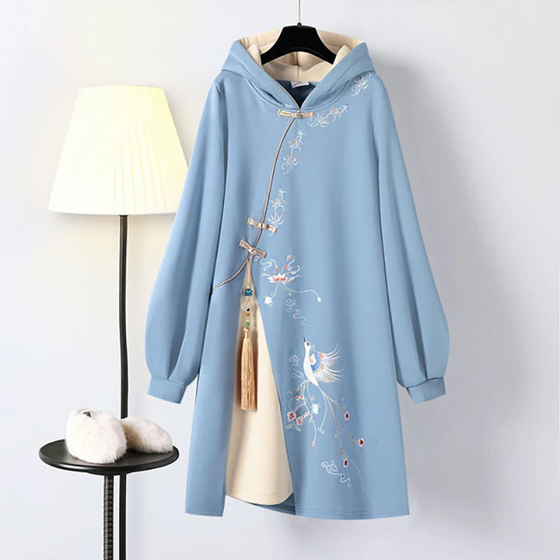 Dames Winter Chinese Stijl Hoodies Sweatshirt Dagelijkse Jurk Hanfu Lange Mouw Borduren Oversized Dikke Cheongsam Vestidos