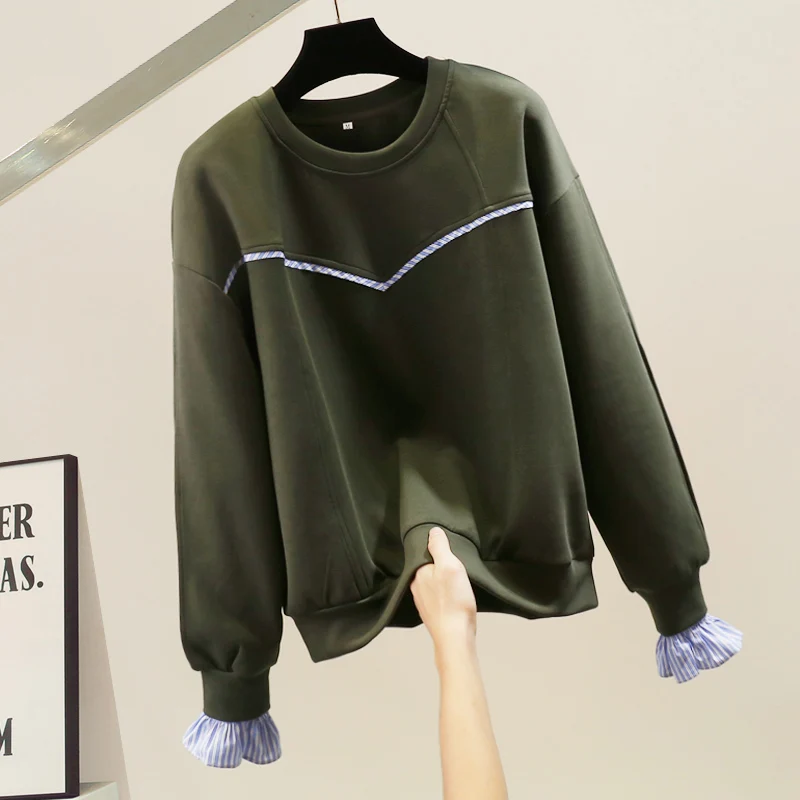 

Корейский стильный полосатый свитшот с длинными рукавами, повседневный, с лоскутным дизайном, свободного кроя, модный, стройнящий топ, трендовый