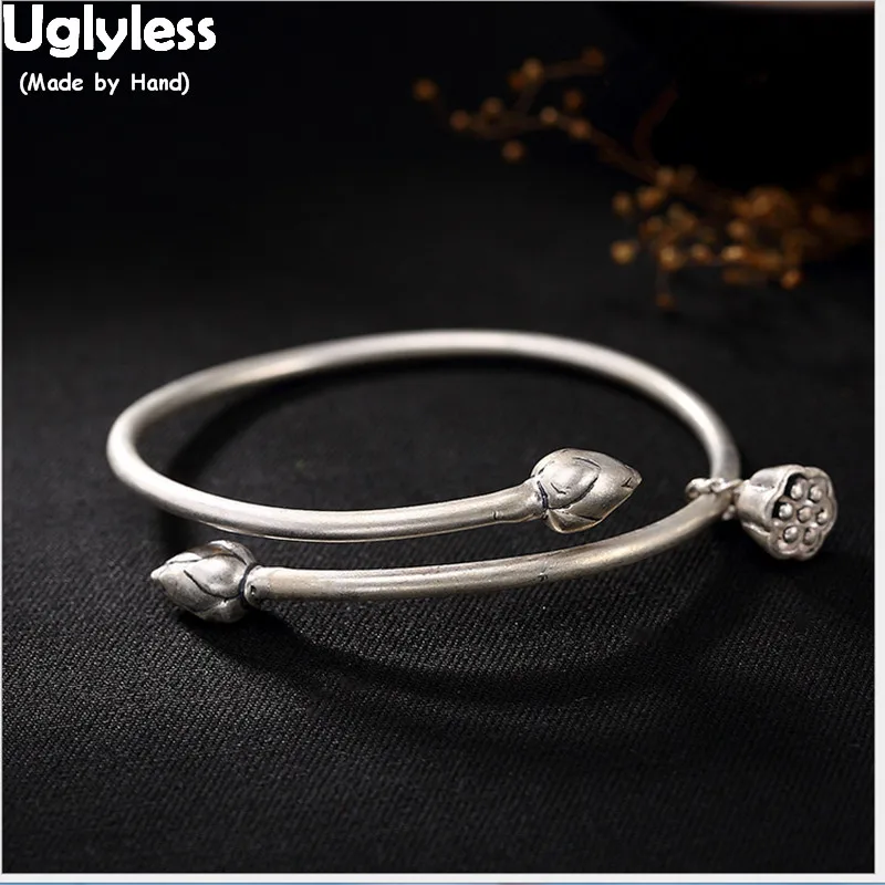 

Uglyless Real 999 Silver Fine Jewelry Women China Style Lotus Charms Bangle 100% Handmade Engrave Floral Bangles Buddhism Bijoux