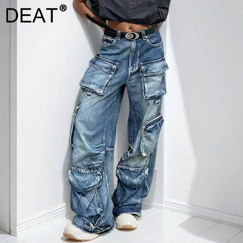 DEAT-Pantalon cargo en denim rétro pour femme, taille haute, jambes larges, jean décontracté, pantalon long femme, nouveau, hiver, 33A2269, 2024