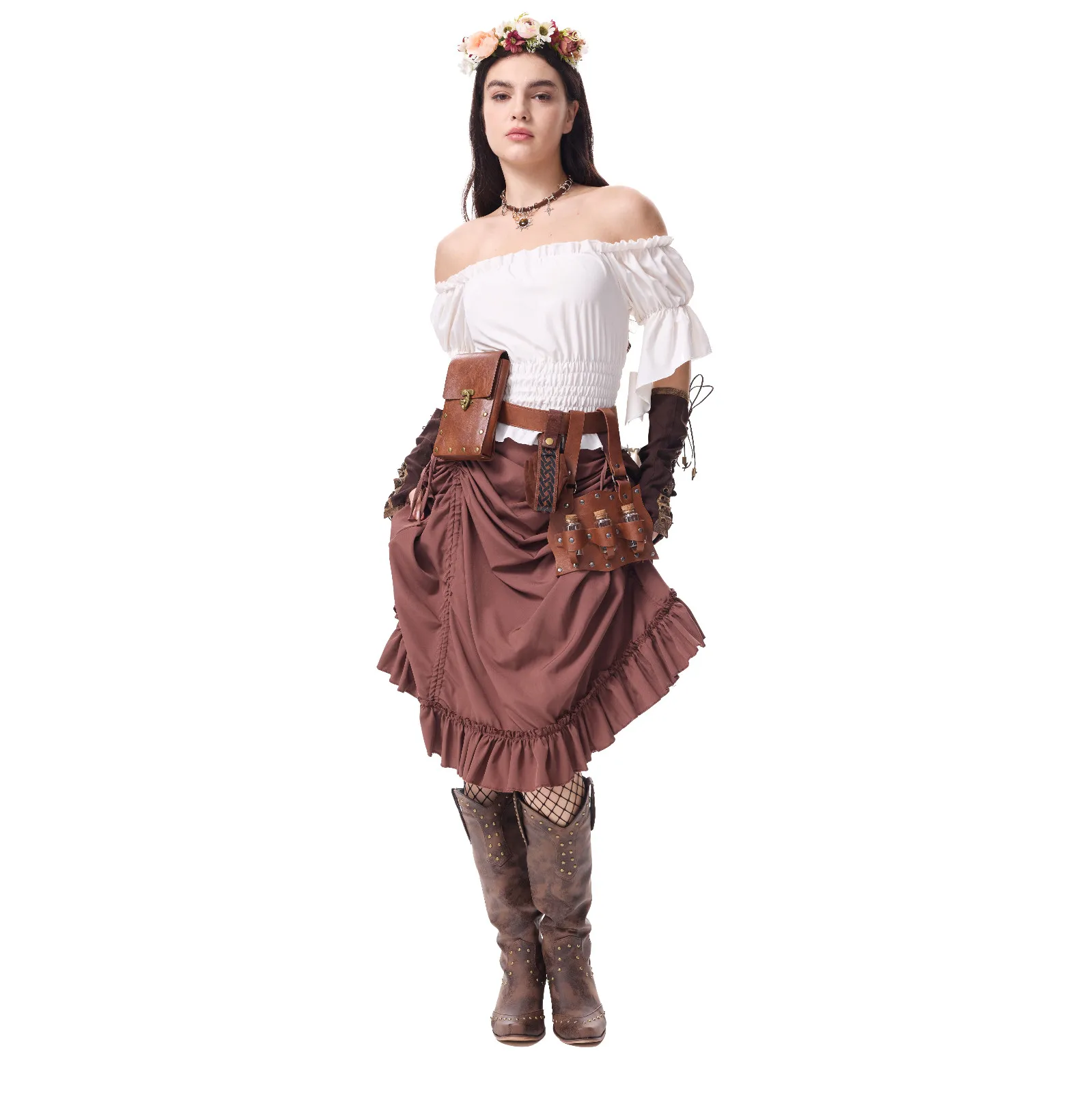 

Women'S Medieval Costume Corset Irregular Skirt Retro Outfit Role Playing Props Off-The-Shoulder Bell Sleeve Top Ruffled Skirt