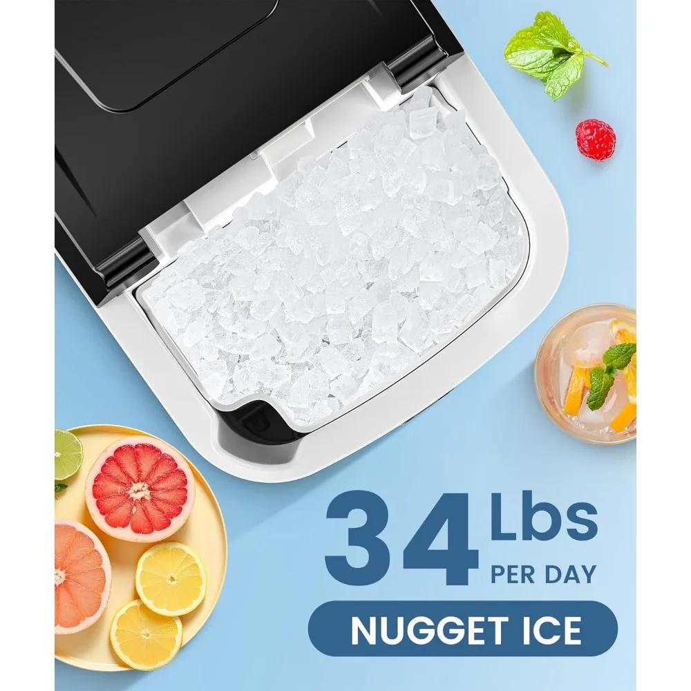 Nugget Ice Makers Countertop, Pebble Ice Maker Machine with Soft Chewable Ice, 34Lbs/24H, Self-Cleaning, One-Click Operation