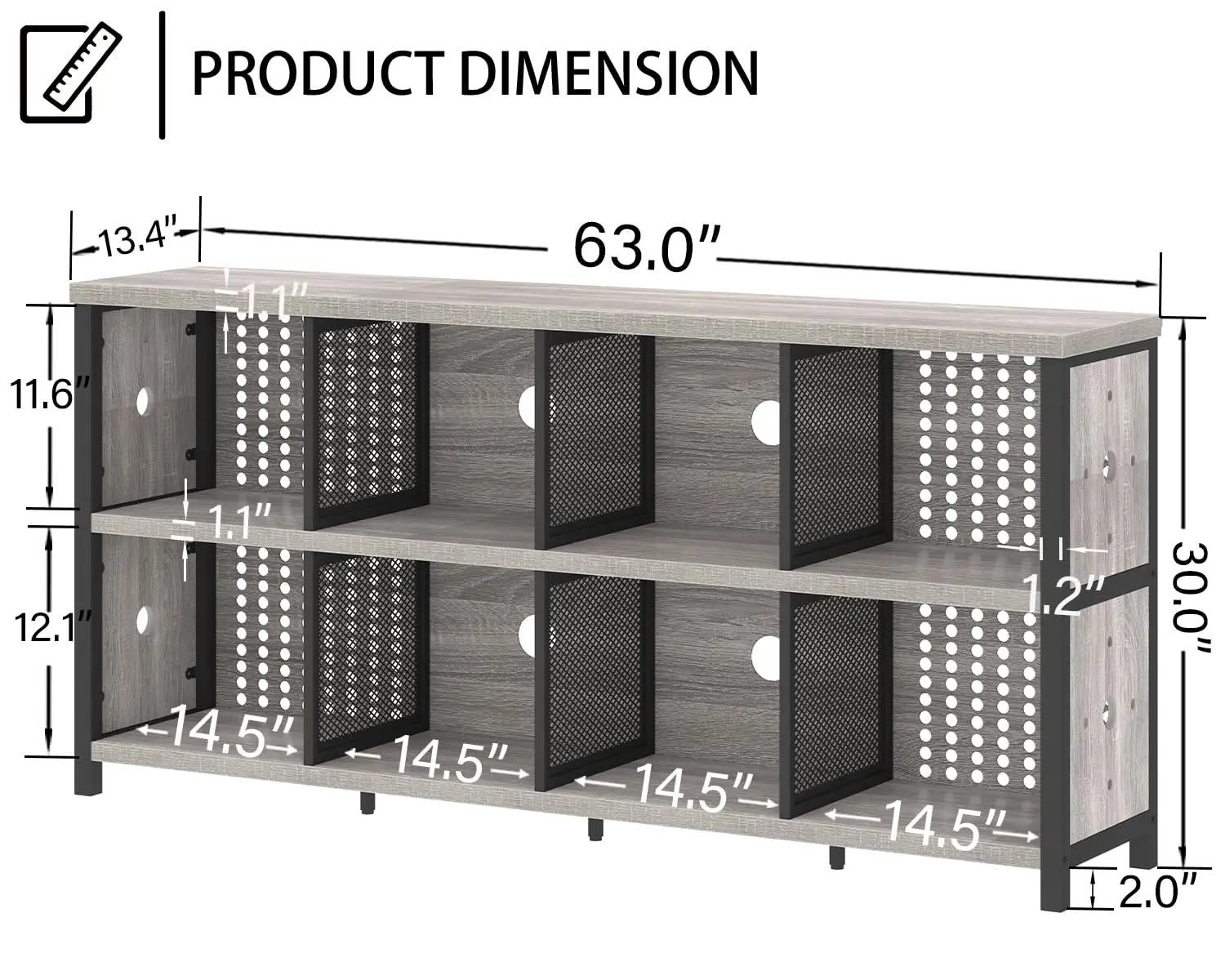 Industrial Cube Bookcase, Horizontal Bookshelf, Light Grey Oak 63 In | 4 5 6 7 8 Wood Metal Bookshelves, Modern, Customized