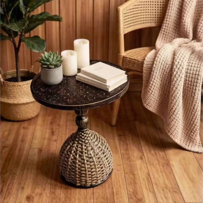 Round Rattan Side Table, Small End Table for Balcony, Living Room, Couch, Rustic Decor Nightstand for Home and Cafe