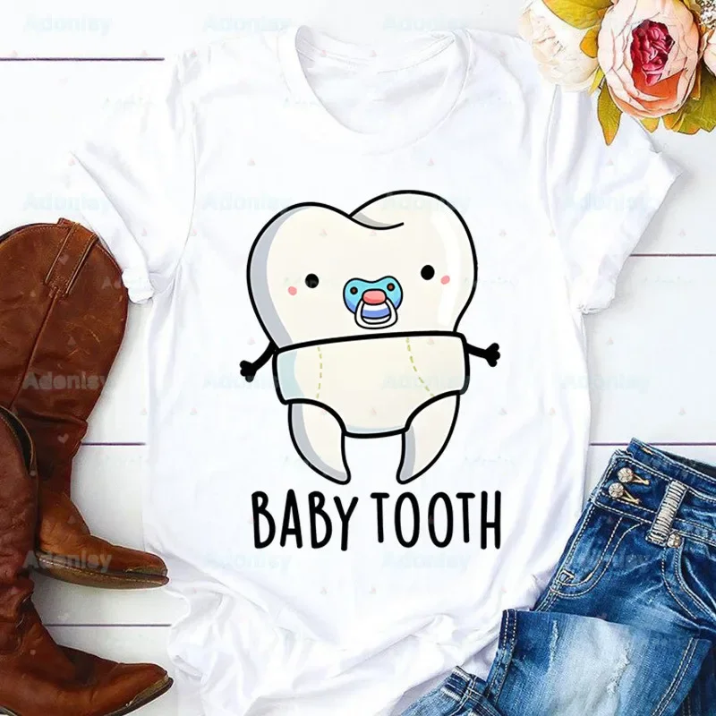 Aesthetic Funny Tooth Dentist Kawaii T Shirt Women 90s Graphic T-shirt Harajuku Tops Tee Cute Short Sleeve Tshirt Female Tshirts