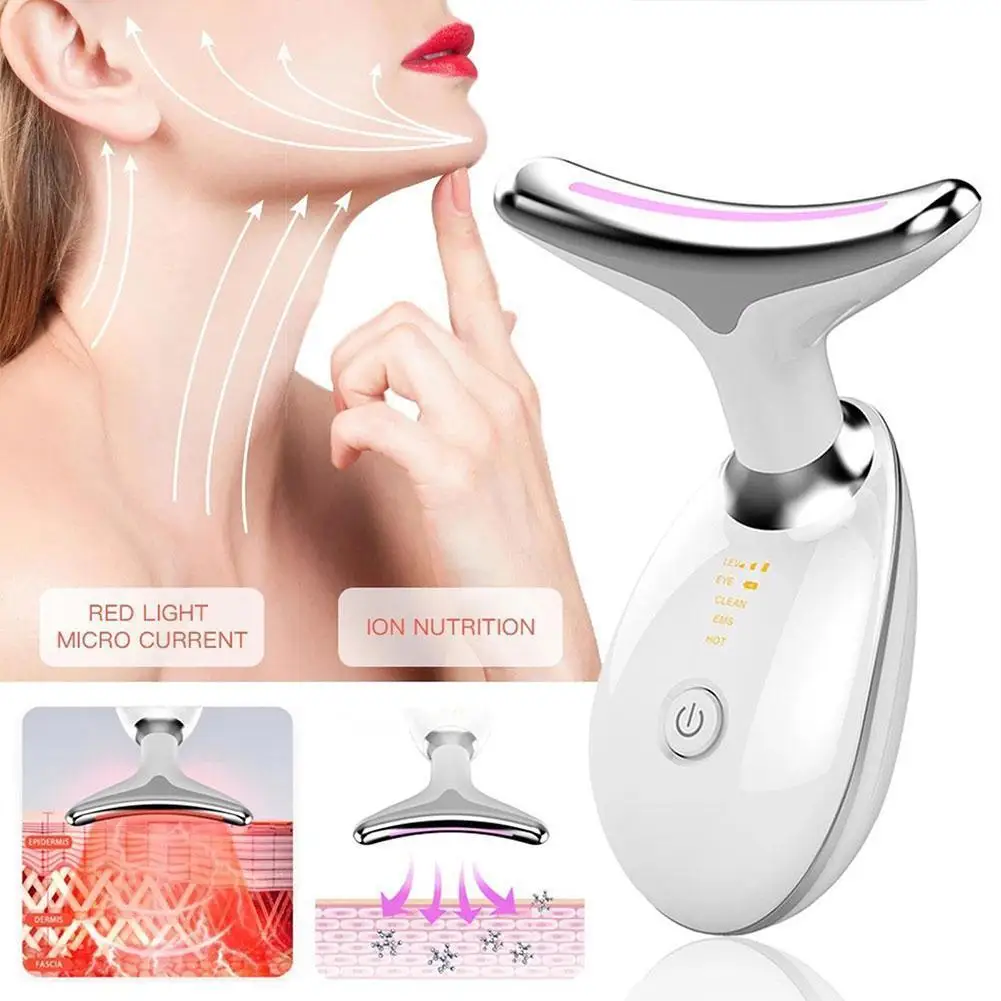 Appareil de beauté du cou 3 couleurs EMS masseur de Lifting du visage dissolvant de Double menton LED Photon Anti-rides raffermissement de la peau masseur Facial