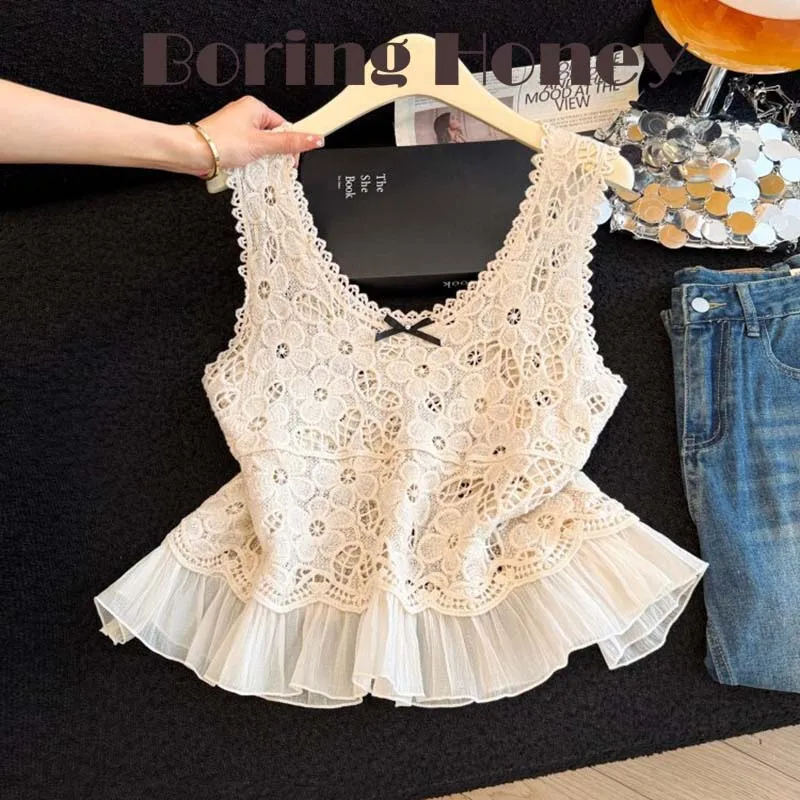 

Boring Honey Women Summer Hollow Out Knitted Cami Top Bowknot Strap Tank Tops Female Chic Sleeveless Vest Fashion Casual Blouse