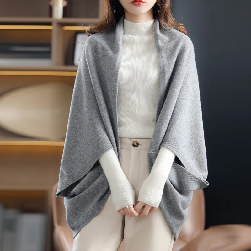 Spring and Autumn 2023 New Bat Sleeve Cashmere Shawl Women\'s Loose Knit Slouchy Style 100% Merino Wool Multi-functional Scarf