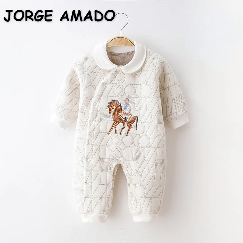 New Autumn Winter Baby Girl Boy Romper Cartoon Embroidert Peter Pan Collar Thick Fleece Jumpsuit Newborn Clothing E2005