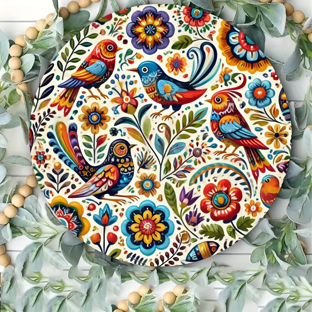 Runde Metallwandkunst mit mexikanischem Vogel und Blume im Vintage-Stil, 20,3 x 20,3 cm – ideal für die Inneneinrichtung, buntes Eisenschild mit üppigem Laub-Design