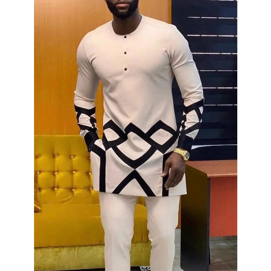 

Two Pieces Set Men African Suit Long Sleeve Round Collar Print Shirt Pants Africa Traditional Wedding Party Outfits Slim Suits