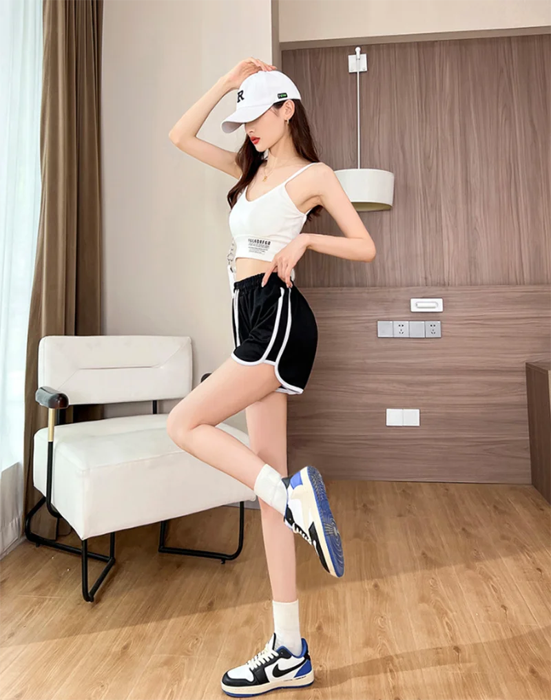 Summer Fashion Trend Women Girl Pink Black Gray White High Waist Sport Pants Thin Breathable Short Trousers Loose Comfortable