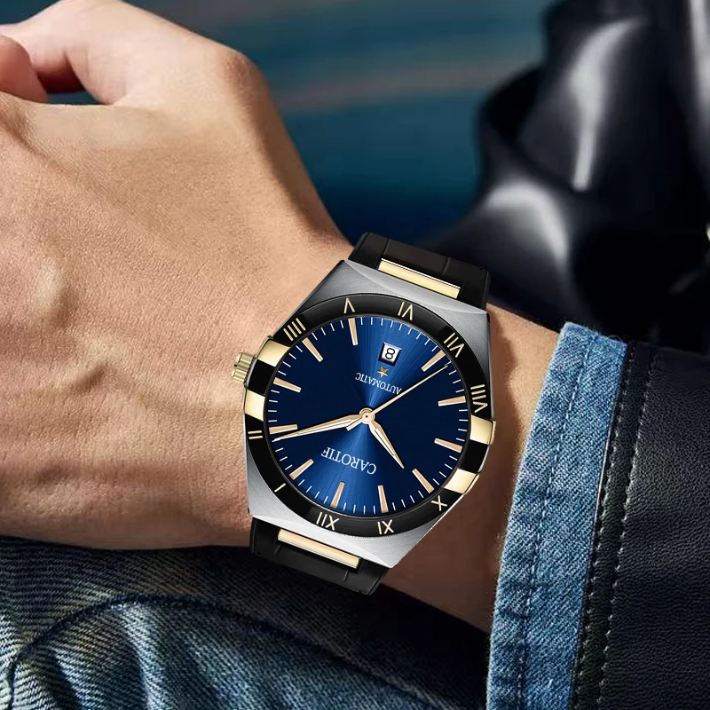 Un orologio meccanico completamente automatico da uomo con cinturino nero alla moda e alla moda