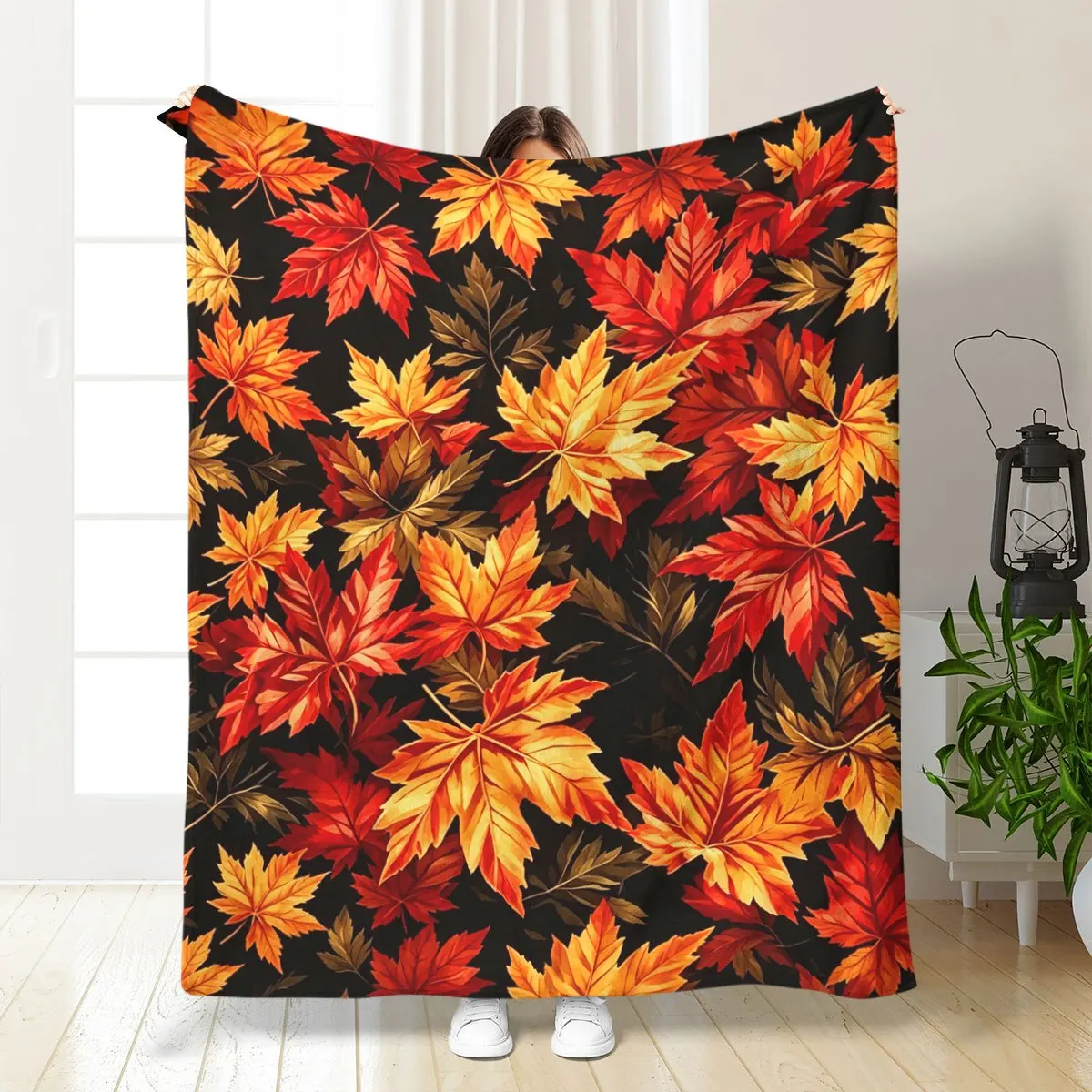1pc Black Background Autumn Maple Leaf Flannel Blanket, Red Orange Yellow Harvest Season Soft Nap Blanket for Sofa And Bedroom D