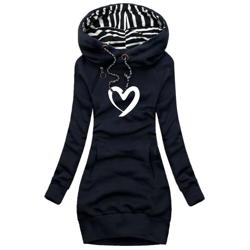 Fashion Heart Women Hoodie Dress Casual Long Sleeve Hooded Pullover Dress Lady Autumn Winter Streetwear Dress