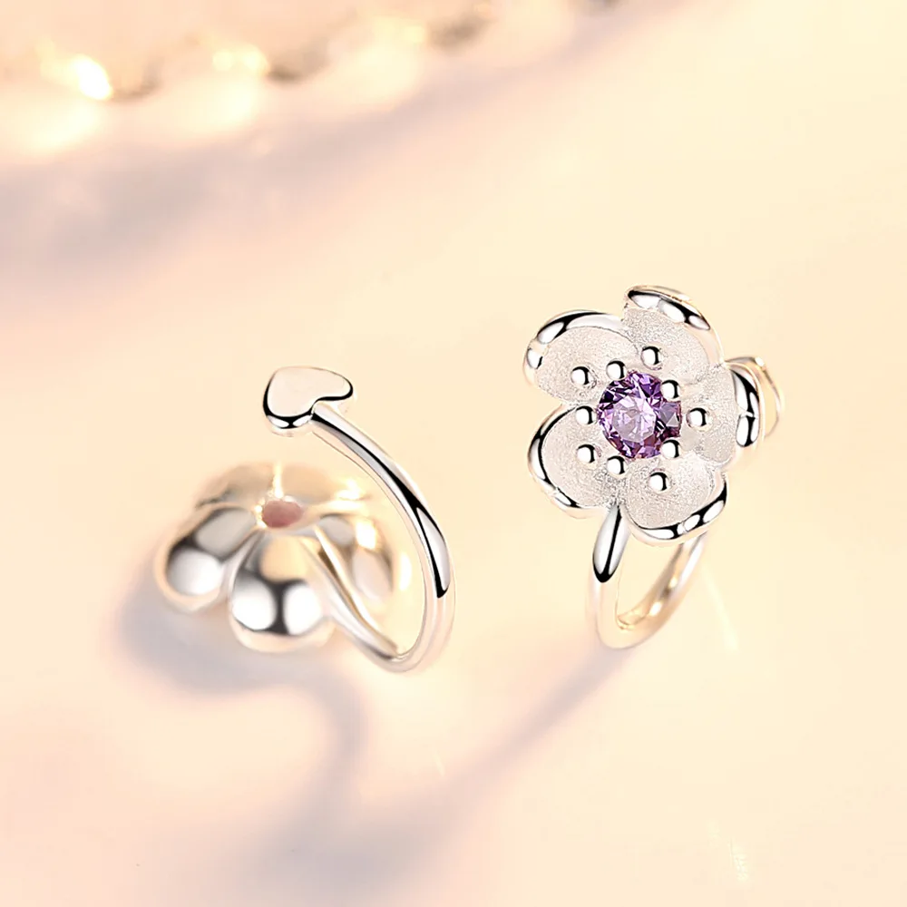 925 Sterling Silver Shining Pink/Purple CZ Lovely Flower Ear Cuff Clip Earring For Women Without Piercing Earing Jewelry DA1693