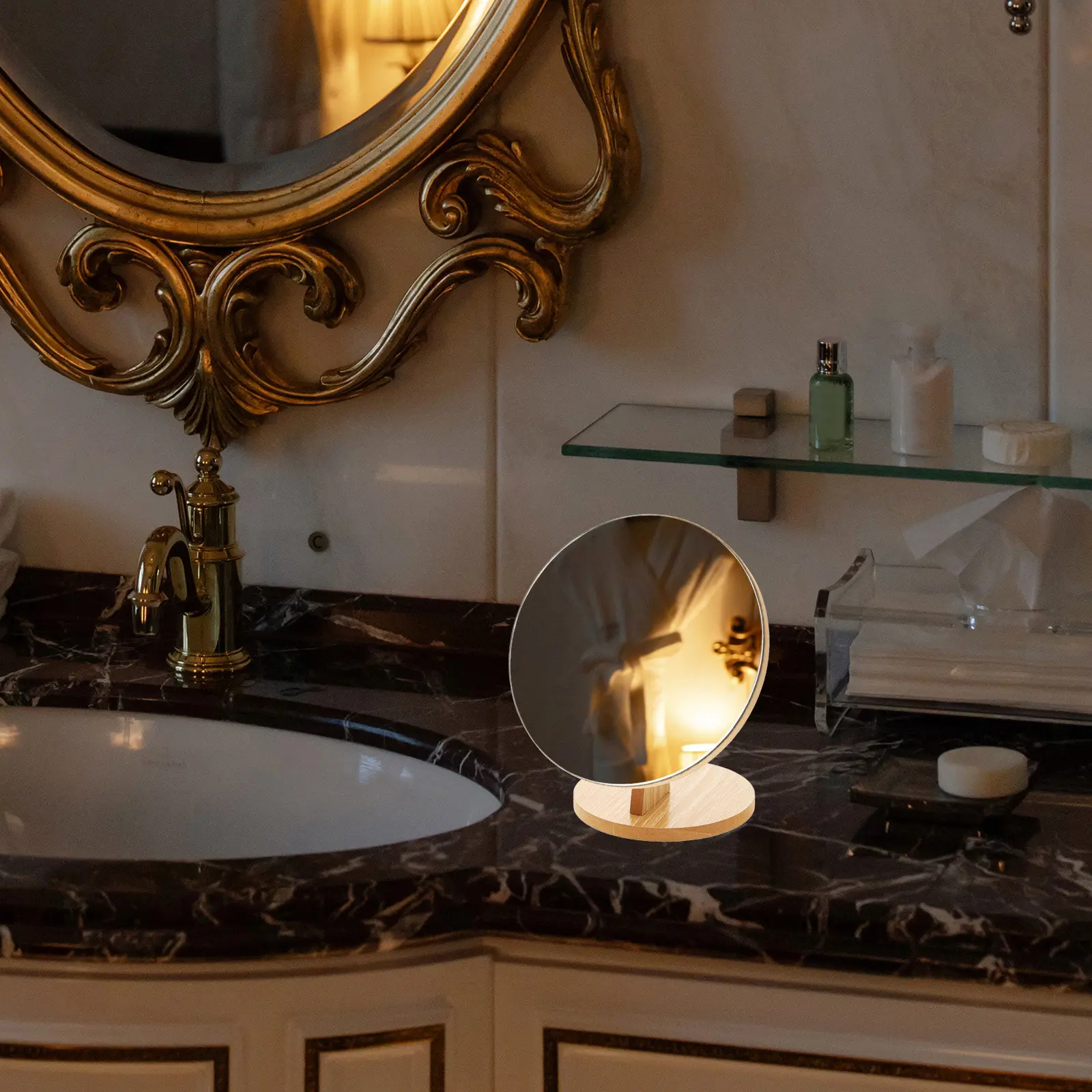 

Rotating Wooden Makeup Mirror with Swivel Base for Full-Face Clarity True Color Hd Reflection Ideal Vanity Dressing Table