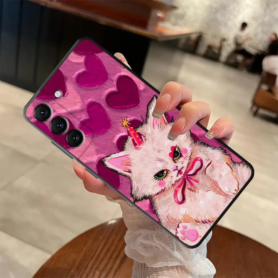 حافظة لهاتف سامسونج جالاكسي A06 A01 A02 A50 A70 نوت 20 Ultra 9 10 A30 A40 A05 A10 A20 A03 A04 قطة وردية لطيفة #6