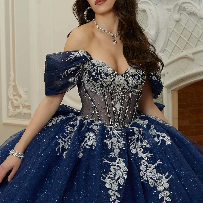 Angelsbridep Customized Navy Blue Ball Gown Quinceanera Dresses Vestidos 15 Años Quinceañera White Appliques Tiered Party Dress