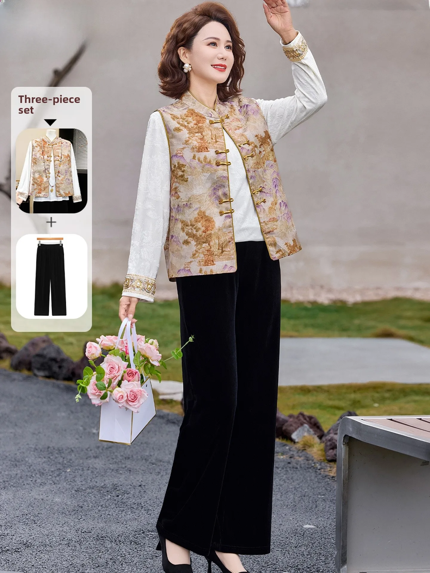 

Новый китайский костюм-тройка для женщин среднего и старшего возраста: весенний модный комплект из жакета и жилета