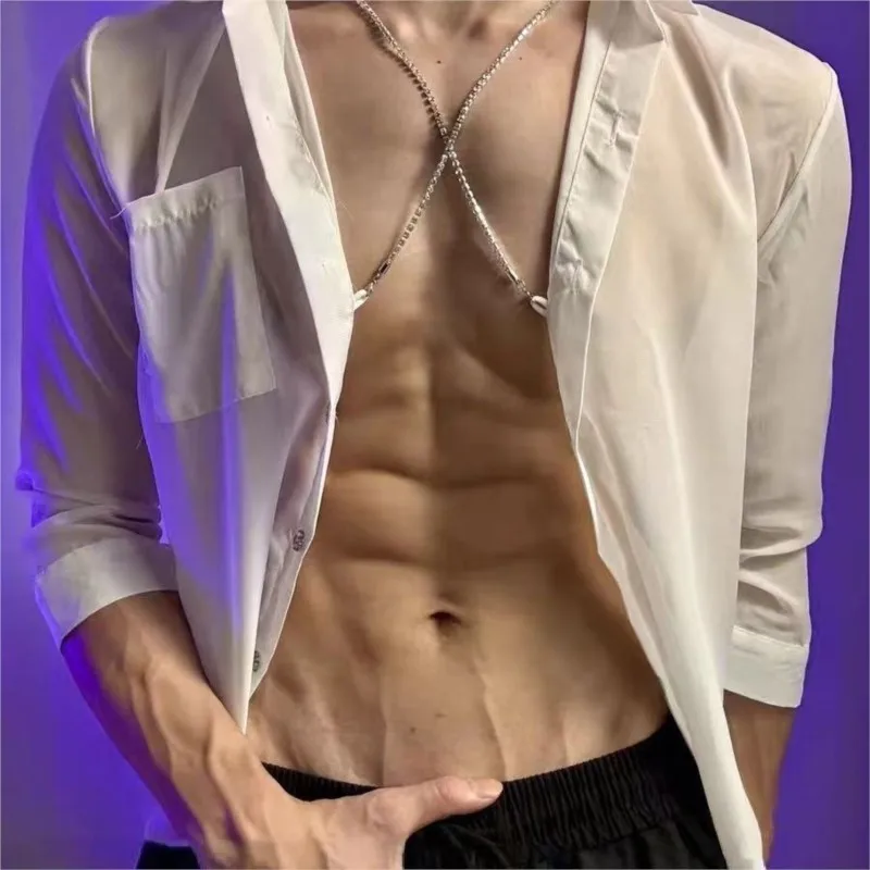 Men Sexy Strap Diamond Chain Shirt Sleepwear Cross-dressing Sissy Sexy See-Through Thin Role-playing Uniform Lingerie