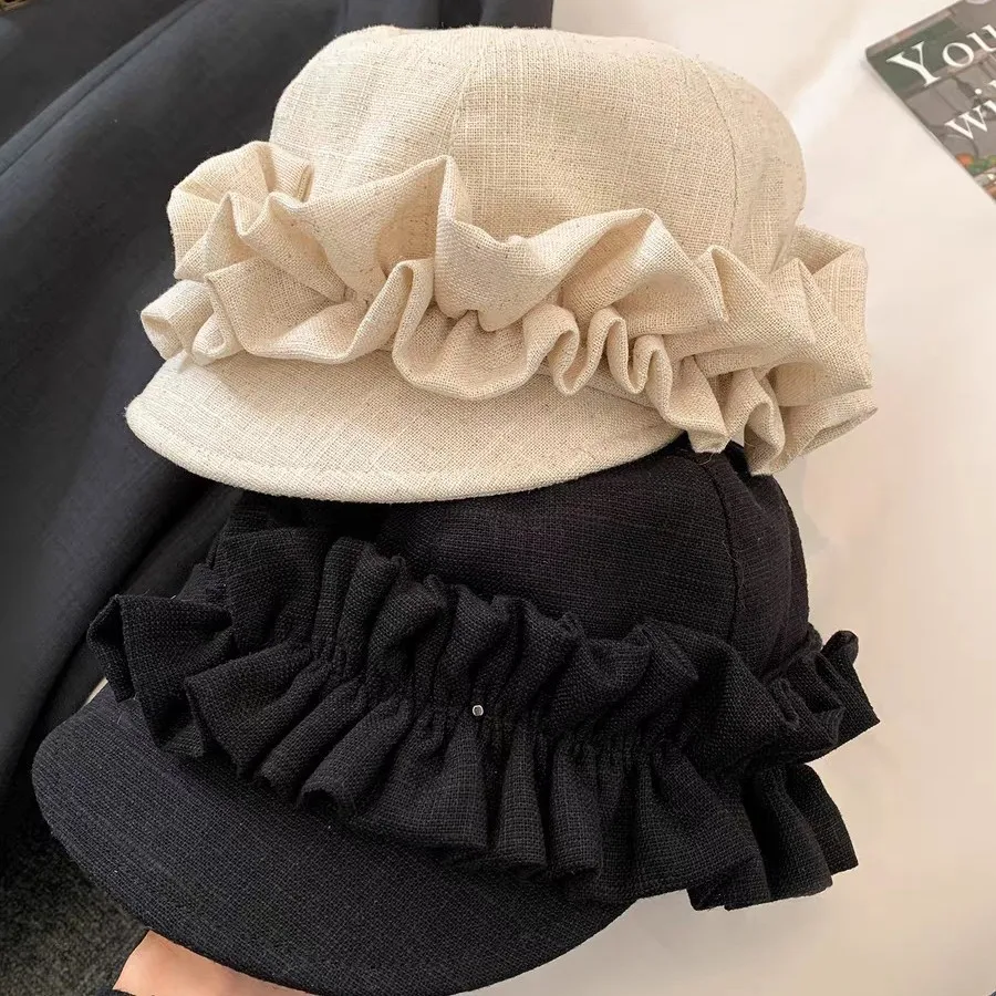

Niche Design Cotton and Linen Pleated Equestrian Hat Women Fashionable Face Small Girl Celebrity Style Sun Newsboy Caps