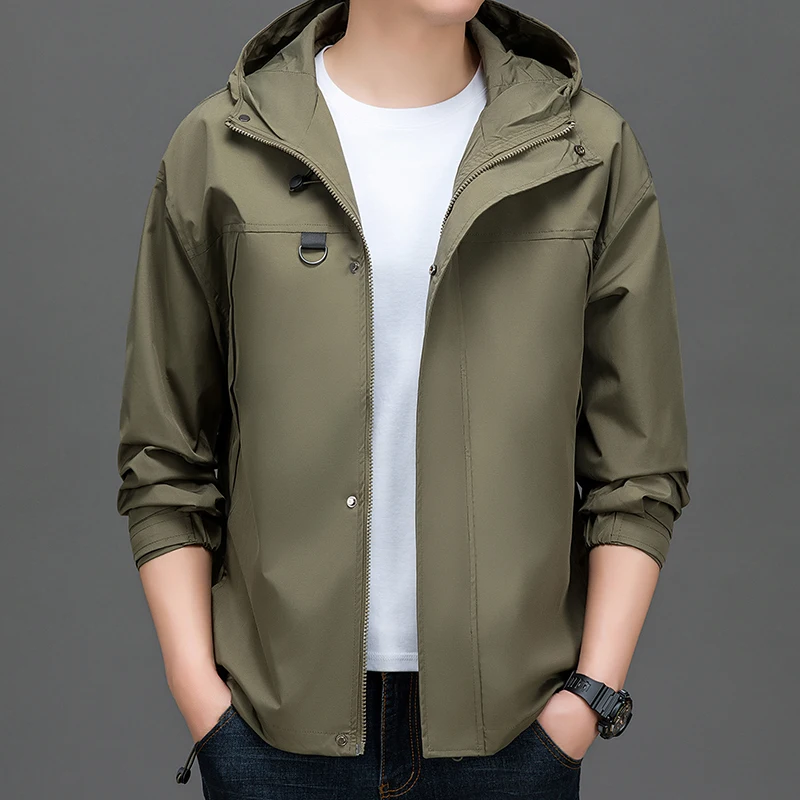 2024 Autumn Men Black Green Beige Hooded Jackets Adjustable Cuff Design Basic Coat Lightweight Outerwear Fashion Clothes For Man