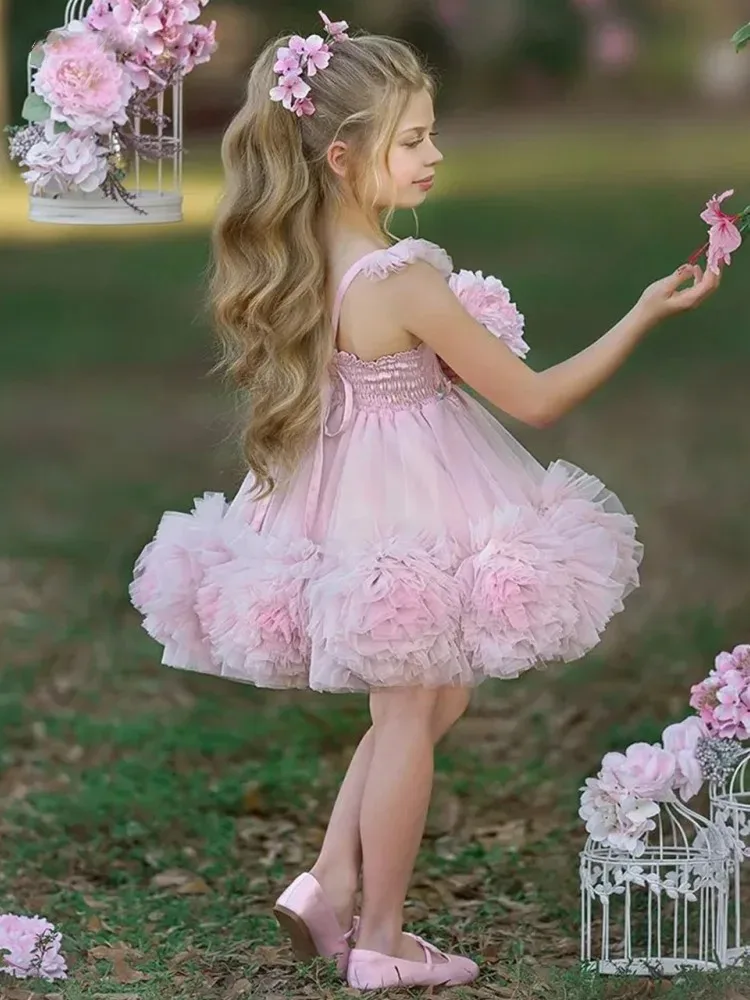 

Pink Lovely Flower Girl Dresses for Wedding Lace Appliques Ruffles Girl Birthday Party Formal First Communion Gowns Customized