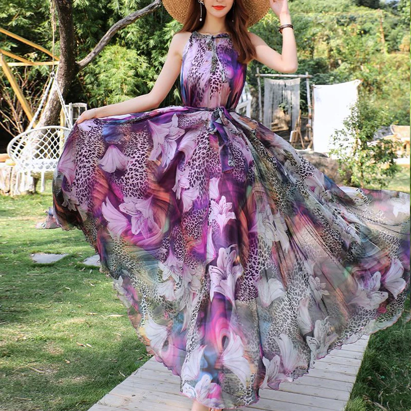 Chiffon Holiday Beach Long Sundress Summer Bohemian Flower Tropical Belt Fashion Boho Photo reggicalze Dresses for Women Long