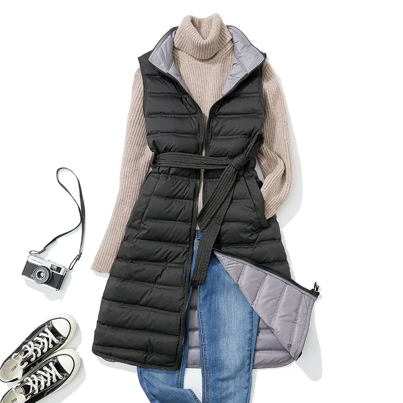 Autunno inverno leggero sottile bianco piumino d'anatra gilet donna cintura senza maniche Bigsize piumino parka donna caldo lungo serbatoio giacca