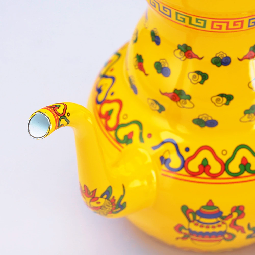 Tibetan Style Eight-Auspicious Teapot, Yellow Enamel Long Mouthed Tea Kettle, Ethnic Style Butter Tea Pot for Home, 1.0L/1.3L