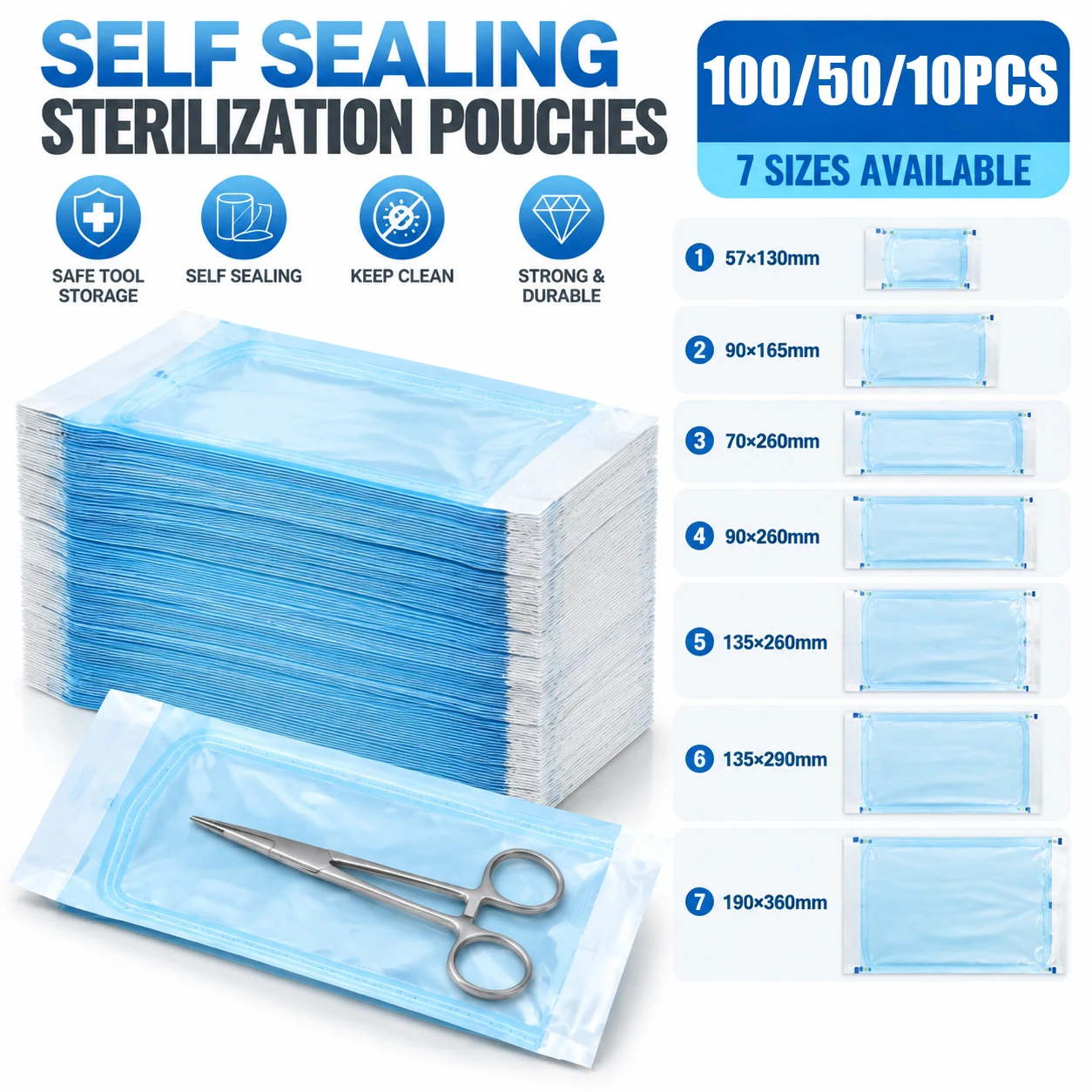 100/10pcs Disposable Self-sealing Sterilization Pouches Bags 7 Sizes Sterile Storage Bags for Tattoo Piercing Dental Beauty Salo